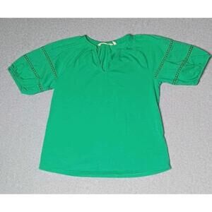 Soft Surroundings Short Puffed Sleeve Top Womens Size PM Green V Neck Soft